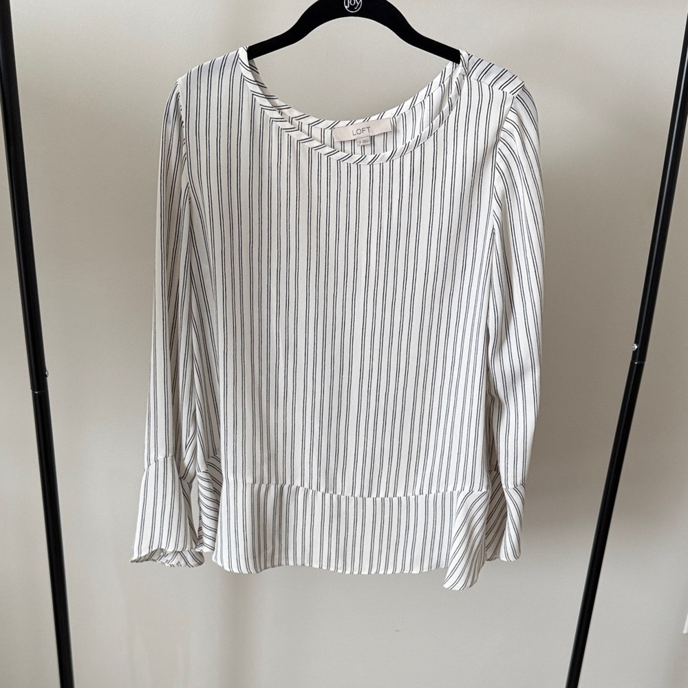 LOFT Black and White Striped Flutter Back Blouse